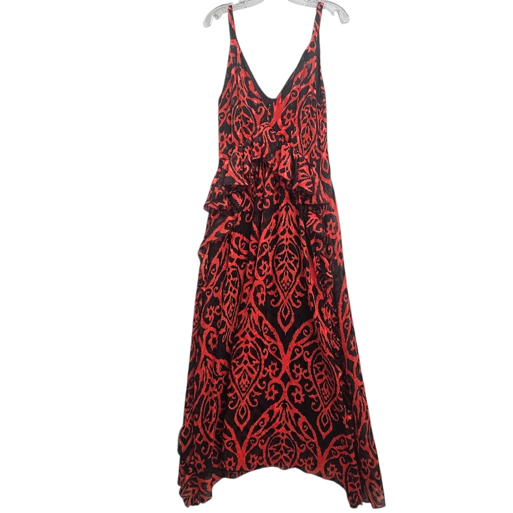 Nasty Gal Nwt Grand Entrance Red/Black Jacquard Ruffled Flowy V Neck Maxi Dress - Picture 11 of 17